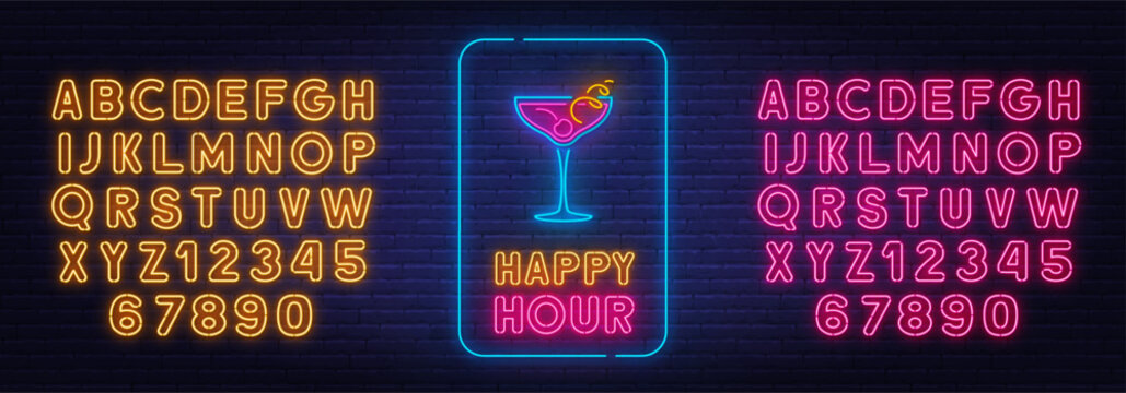 Happy Hour with cocktail neon sign on brick wall background