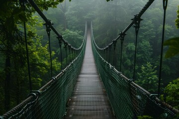 Wooden suspension bridge crossing a foggy forest, creating a mysterious and adventurous atmosphere