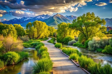 Fototapeta premium Capture stunning Jordan River Trail photos: Wasatch Front's scenic river, cottonwoods, and Russian olives.