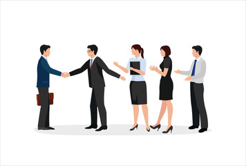 Onboarding new employee, warm welcome to new office, introduce new hire to colleagues, orientation training on first day concept, businessman manager handshake welcome and introduce new staff to team.