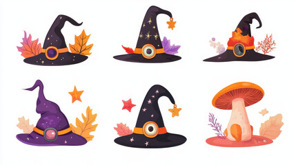 Obraz premium Witch hats cartoon vector set. Wizard headwear, magician caps decorated with mushrooms, plant branches, leaves, eyeball or star. Halloween party costume for sorceress or astrologer isolated collection