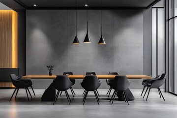 Modern minimalist conference room with long wooden table, black chairs, and gray wall.