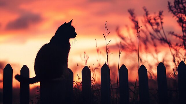 Cat silhouette sunset fence field nature