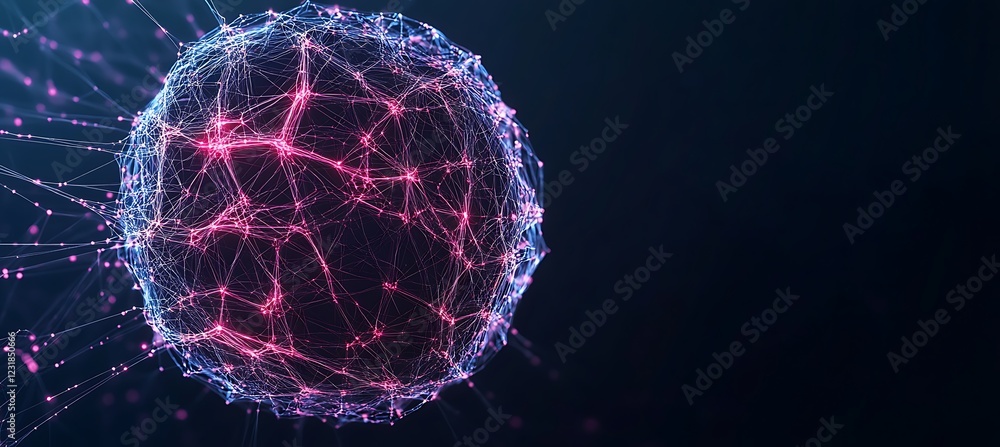 Poster abstract glowing sphere with interconnected nodes and lines, representing a network.