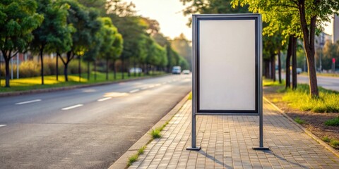 A blank sidewalk with a plain signboard and frame standing alone on the empty road, sidewalk, cityscape