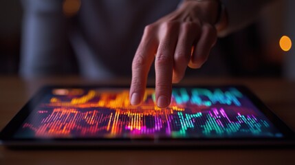 Fototapeta premium Hand Holographic bar stock Business Tablet concept. Holographic Financial Data Floating Above a Tablet Display with Interactive Analytics
