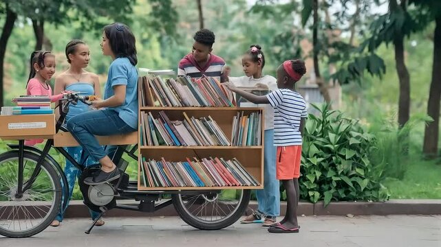 A woman shares books from a bicycle library with a group of children in a park