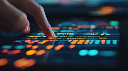 Hand Holographic bar stock Business Tablet concept. Swiping Through a Futuristic Financial Dashboard Hologram Interface