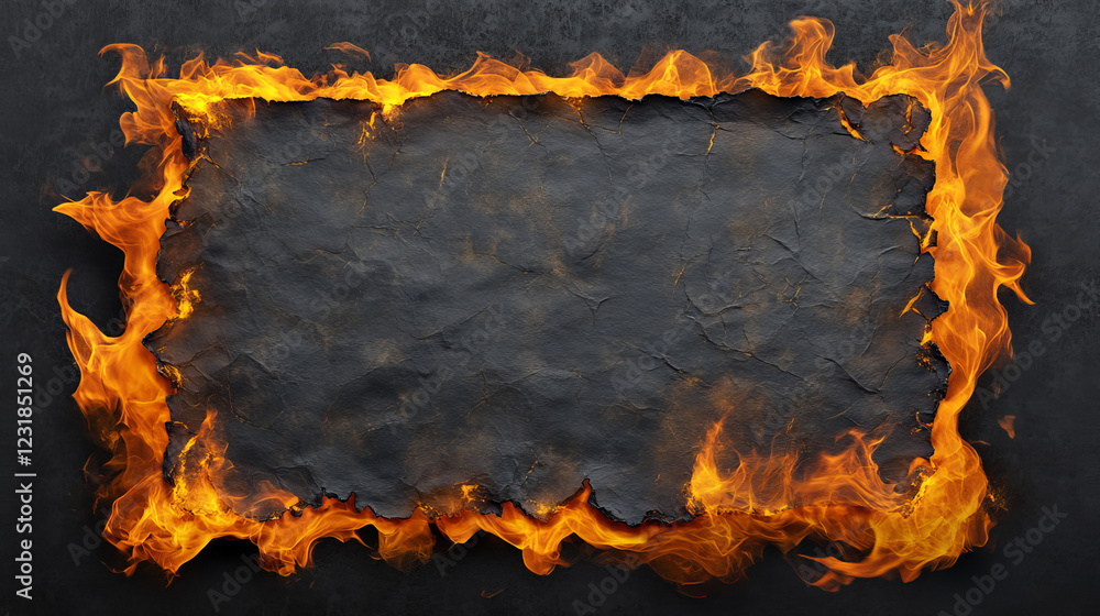 Poster fire on burnt paper edges. frames with burn effect with yellow flame, black ash and scorched edges o
