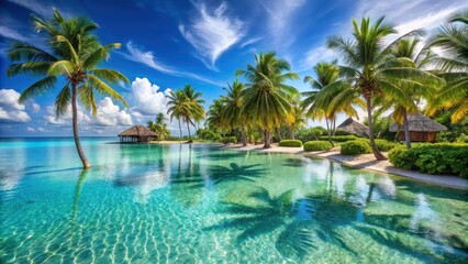 Obraz premium Tropical oasis with swaying palm trees and crystal clear waters , resort, ocean, resort, ocean