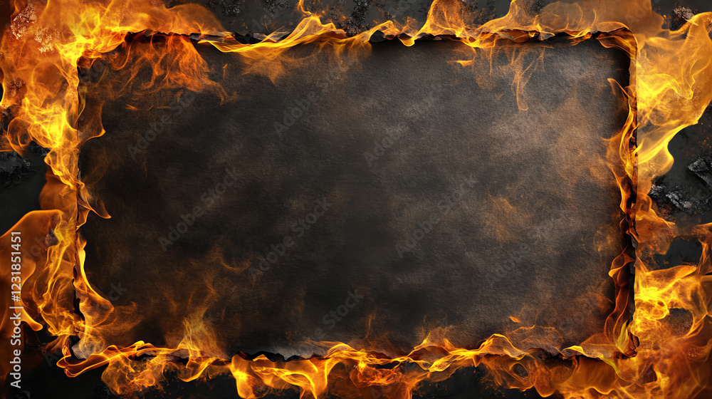 Poster fire on burnt paper edges. frames with burn effect with yellow flame, black ash and scorched edges o