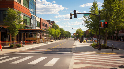 Fototapeta premium Cartoon summer city street landscape with sidewalk and traffic light near road with crosswalk and bus stop construction. Vector illustration of town scenery with pavement and pedestrian pathway.