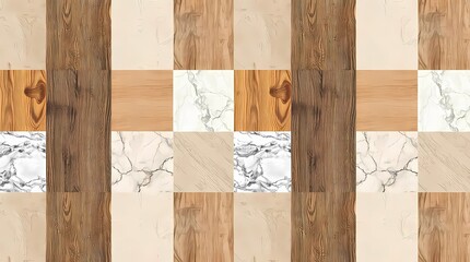 A seamless photo collage pattern of various textures including wood grain, linen and marble, arranged in a repeating grid pattern, providing a layered and organic aesthetic.