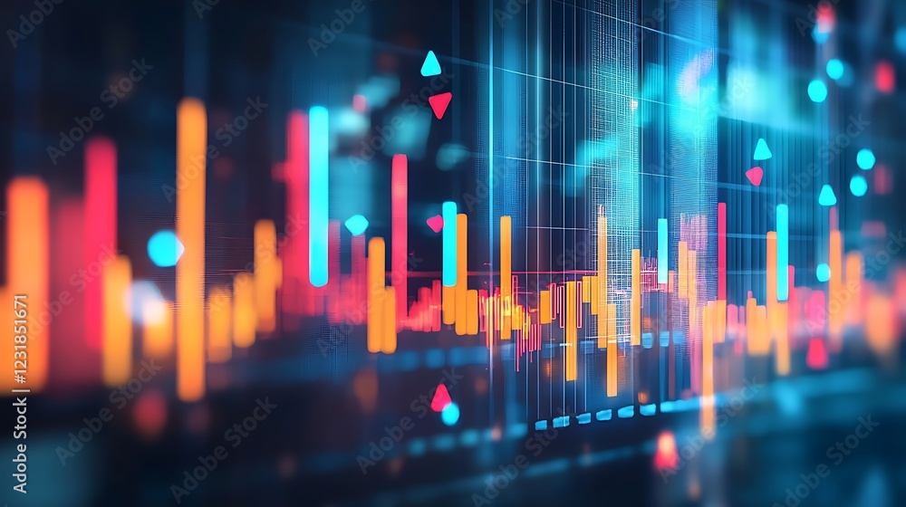 Poster abstract financial data visualization: dynamic stock market charts and indicators