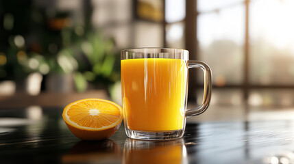 Glass cup with splashes of orange juice. 3d vector illustration