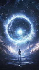 A cosmic fantasy portal floating in deep space, surrounded by swirling nebulas, shimmering stars, and a celestial figure in ethereal lighting, ultra-HD, fantasy art, vertical ratio 16:9