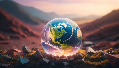 Fragile Earth: A Crystal Globe in a Desolate Landscape