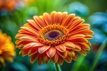 Close-up tilt-shift macro reveals a vibrant orange daisy's detailed petals and sunny yellow center.