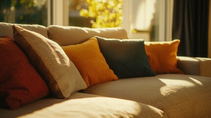 Cozy living room with colorful pillows on a sofa illuminated by natural sunlight, showcasing a warm and inviting atmosphere perfect for relaxation