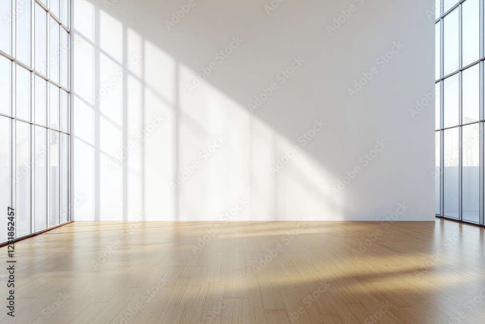 Poster sunlight streams into a minimalist empty room with large windows and hardwood floors, offering a cle