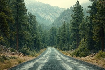 A secluded mountain road surrounded by towering pine trees, with the scent of pine needles filling the air.