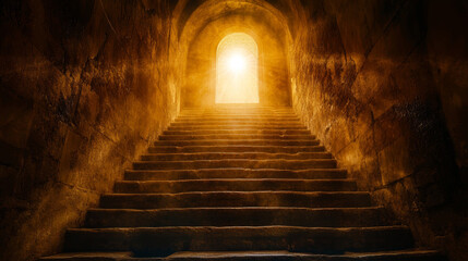 Stair up and door in the darkness. Bright light from the open door lights up the stairs. Business concept. Vector illustration