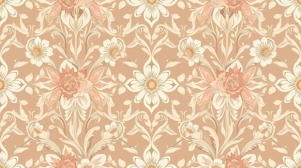 A sophisticated seamless pattern composed of intricate floral motifs in a vintage Art Nouveau style, with a muted color palette of dusty rose, sage green, and ivory, creating a sense o.