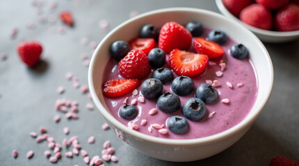 Yogurt in a bowl with fresh berries, selective focus