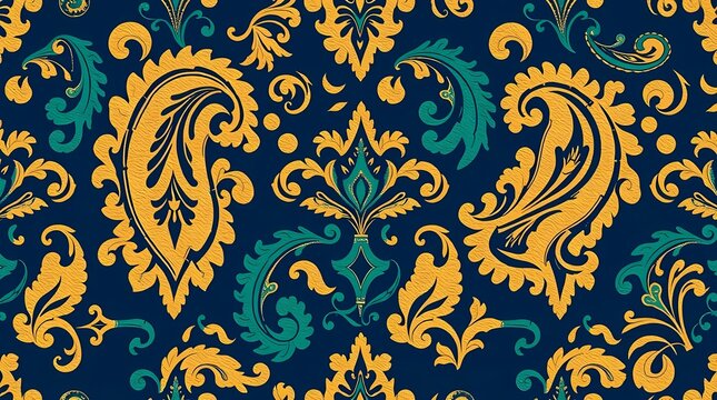A sophisticated seamless pattern depicting elegant paisley motifs in deep navy, emerald, and gold, rendered in a luxurious, traditional style, with a refined, balanced layout and a det.
