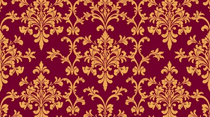 Fototapeta premium A sophisticated seamless pattern featuring a damask-like design, rendered in deep plum and antique gold, utilizing a classical style and an elegantly repeating layout, suggesting luxur.