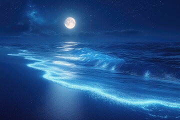 A serene beach with sand made of glowing particles, under the light of a digital moon.