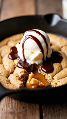 A keto peanut butter cookie skillet with a gooey center, topped with sugar-free vanilla ice cream and a drizzle of keto chocolate sauce