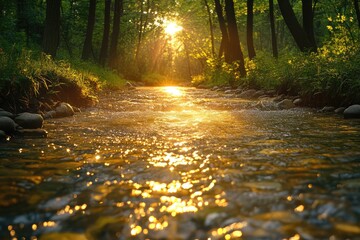 A serene forest glade with a clear stream flowing through it, the sunlight dancing on the water creating a sparkling effect.