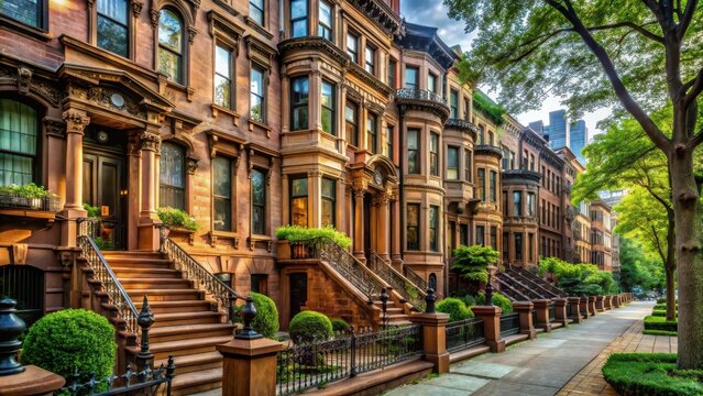 A row of historic brownstone buildings with ornate facades and intricate stonework, set against a backdrop of lush greenery and streetlights, architectural details, brooklyn style architecture