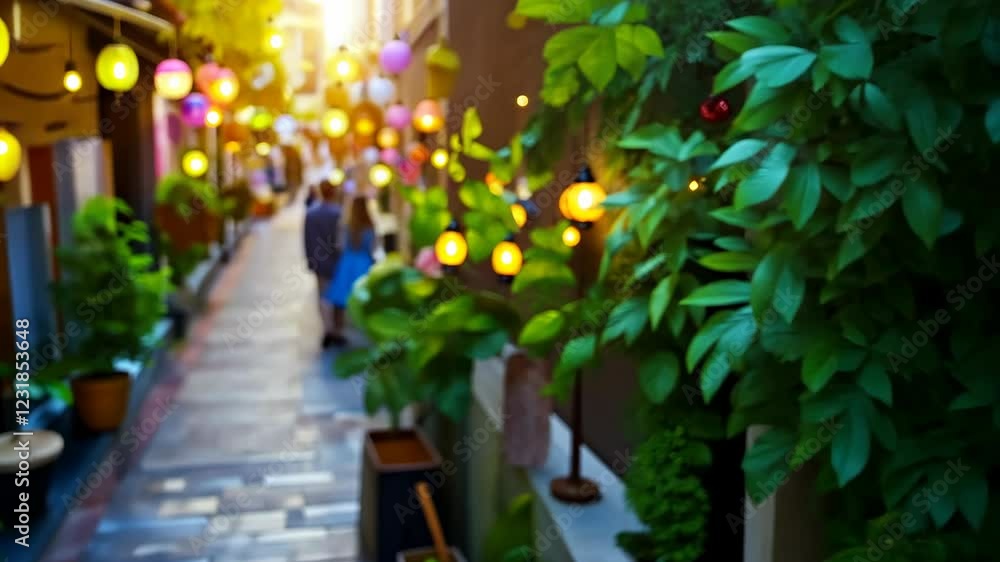 Poster A serene pathway illuminated by colorful lanterns, surrounded by lush greenery, creating a warm and inviting atmosphere during golden hour.