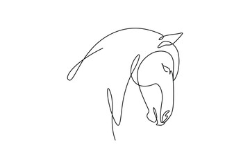 One continuous single-line drawing of a horse face. Pet animal silhouette in simple minimal linear style. Elegance Doodle outline vector illustration in editable stroke. 