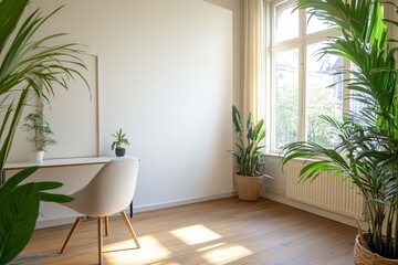 Bright minimalist home office with large windows, wooden floor, and potted plants.