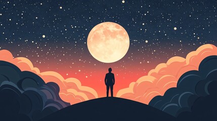 Enigmatic Man Stands Full Moon Night Sky Art