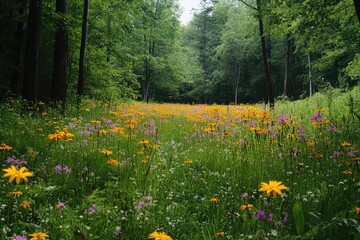 A serene forest with a carpet of wildflowers in bloom, the vibrant colors contrasting with the deep greens of the trees.