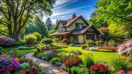 Fototapeta premium A serene and picturesque house surrounded by a lush garden filled with vibrant flowers and towering trees, creating a sense of tranquility and natural beauty , fauna, colorful flowers