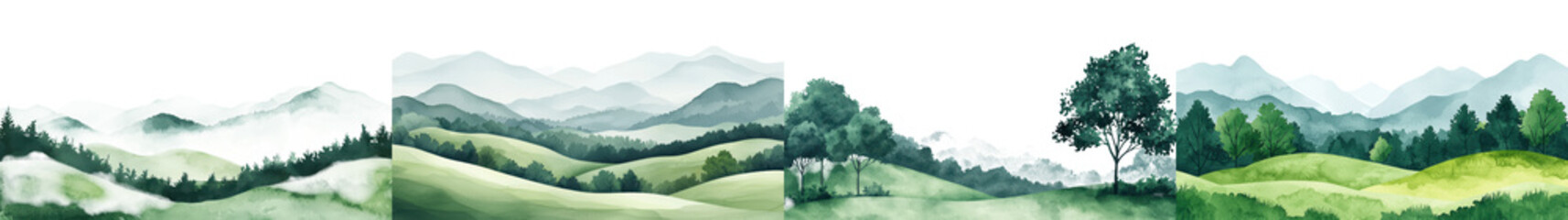 Fototapeta premium Breathtaking panoramic view of a serene mountainous countryside landscape featuring lush green forests rolling meadows and a tranquil winding stream or river flowing through the idyllic scene