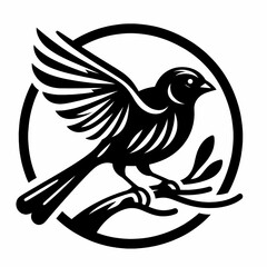 Obraz premium Black silhouette of an indigo bunting bird with a sharp beak perched gracefully in a circular frame