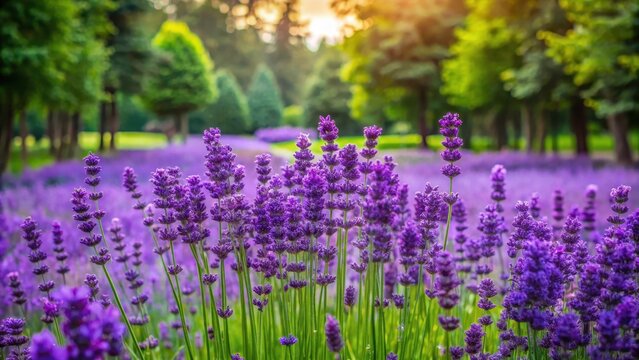 A stunning display of vibrant purple lavender flowers in a lush garden surrounded by greenery and towering trees , lavender
