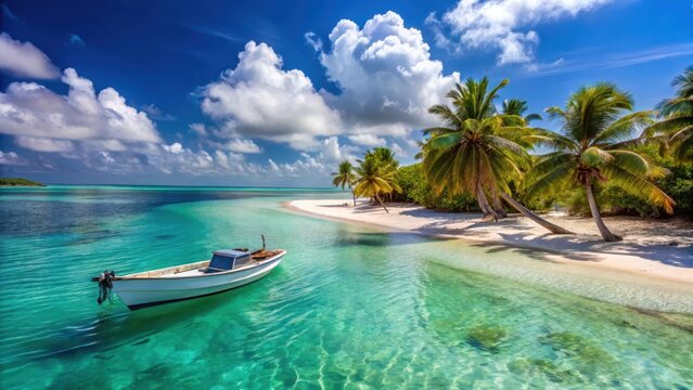 Boat at anchor on white sandy beach surrounded by turquoise water and palm trees of Los Roques archipelago in Venezuela