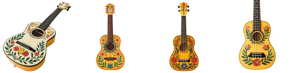 Beautifully crafted Mexican guitars and ukuleles featuring vibrant floral patterns and traditional Hispanic cultural design elements