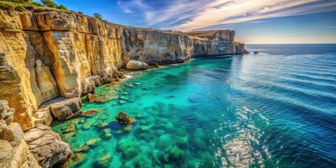 Fototapeta premium Serene ocean scene with rugged cliff face, rocky shoreline and turquoise water, calm, nature, calm, nature, shore
