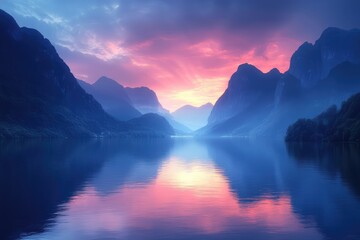 A serene lake surrounded by towering, glowing mountains, with the twilight sky reflecting off the water.