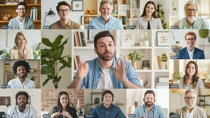 Diverse group of people having an online video conference, discussing, smiling and participating in the meeting - Powered by Adobe