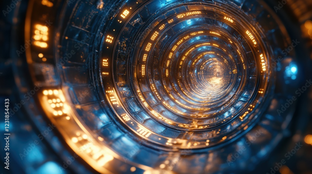 Leinwandbilder A futuristic tunnel illuminated with vibrant blue and orange lights. The circular structure creates a sense of depth and endless exploration.