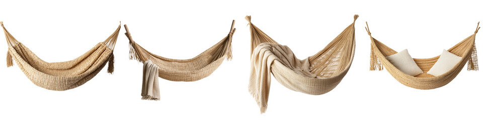 Obraz premium Cozy hammocks gently swaying in the serene tropical breeze offering a peaceful haven for relaxation escape and rejuvenation Inviting viewers to imagine the tranquil